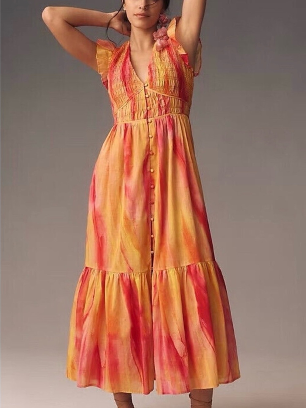 Anthropologie Peregrine Button-Front Maxi Dress in Yellow & Pink, small
